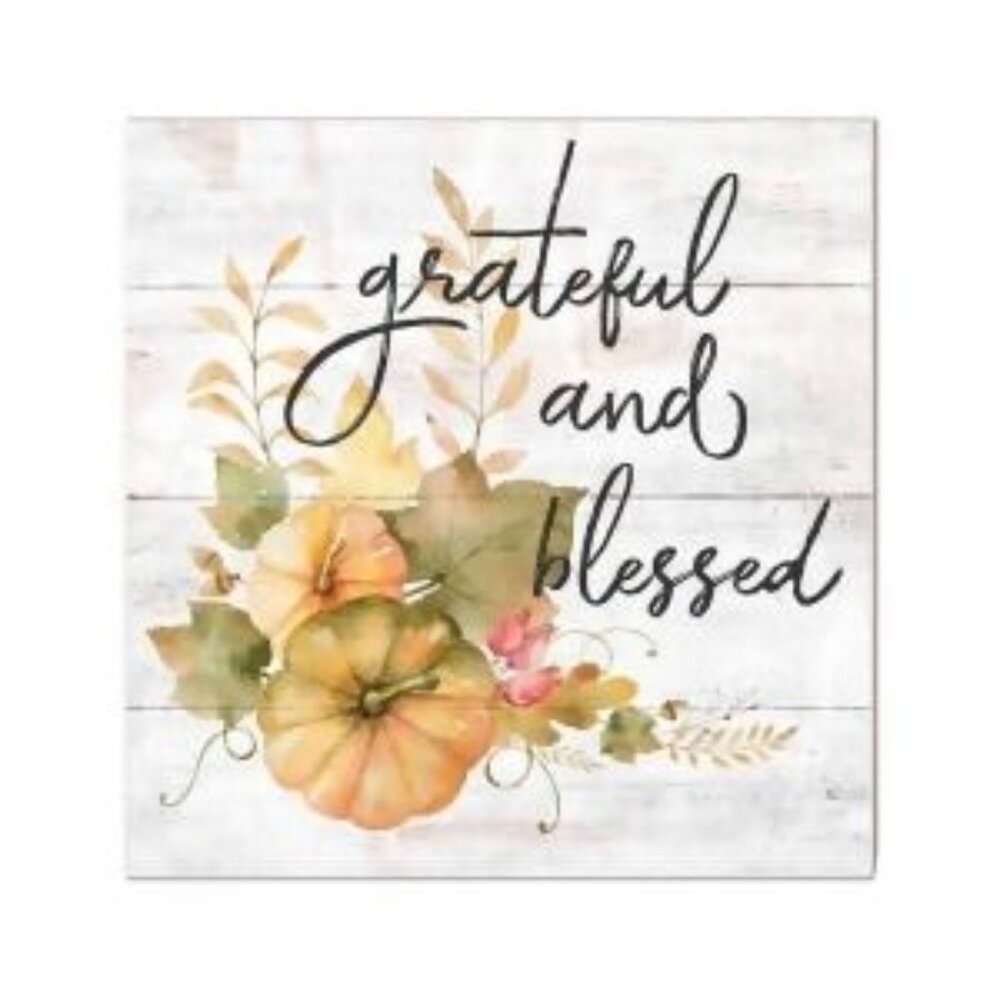 Grateful & Blessed Wooden Wall Sign 10x10 Inches With Fall Floral Design